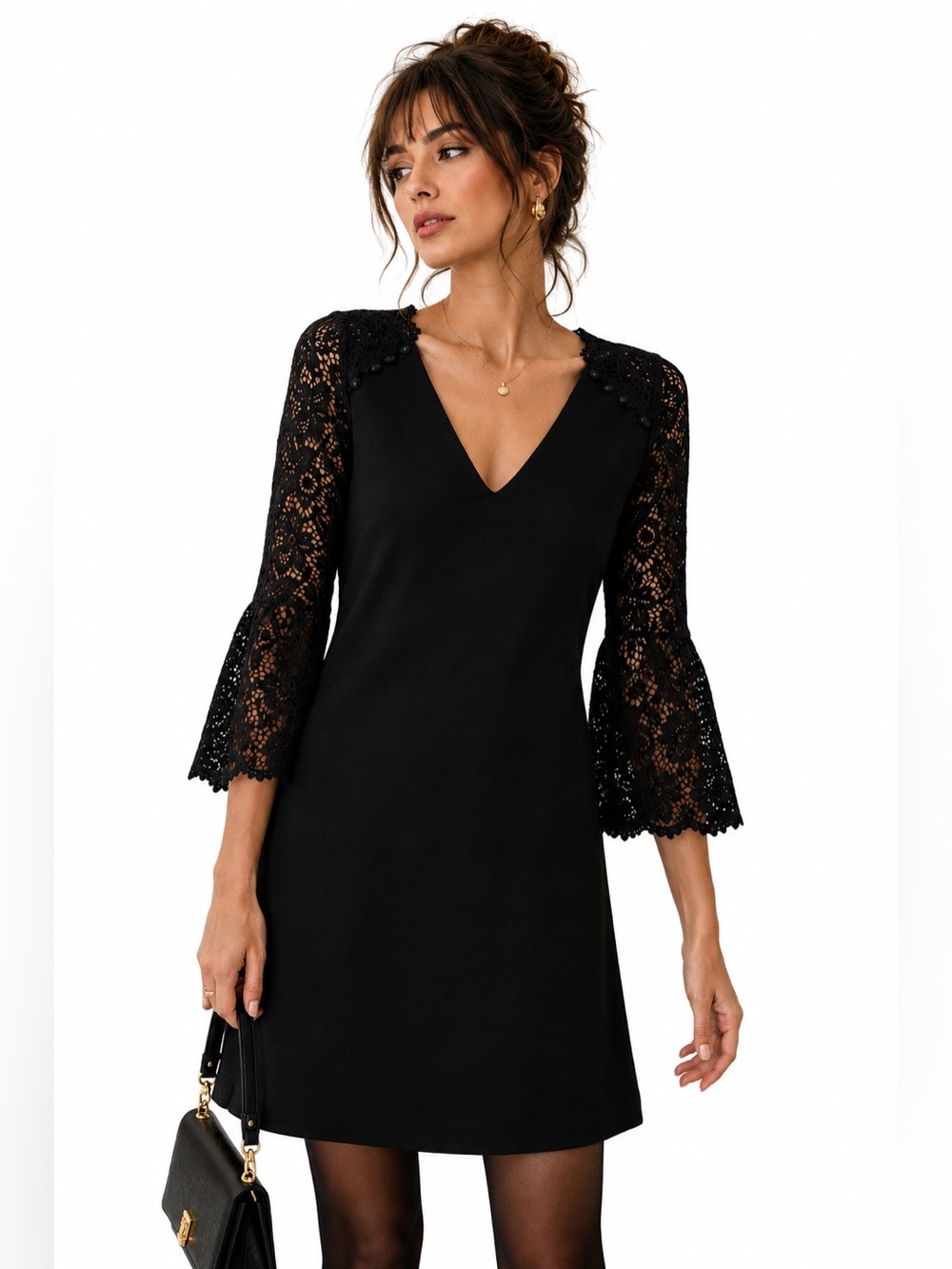 Sézane Black Lace Sleeve Mini Dress Paris Chic Size 38 / US Small